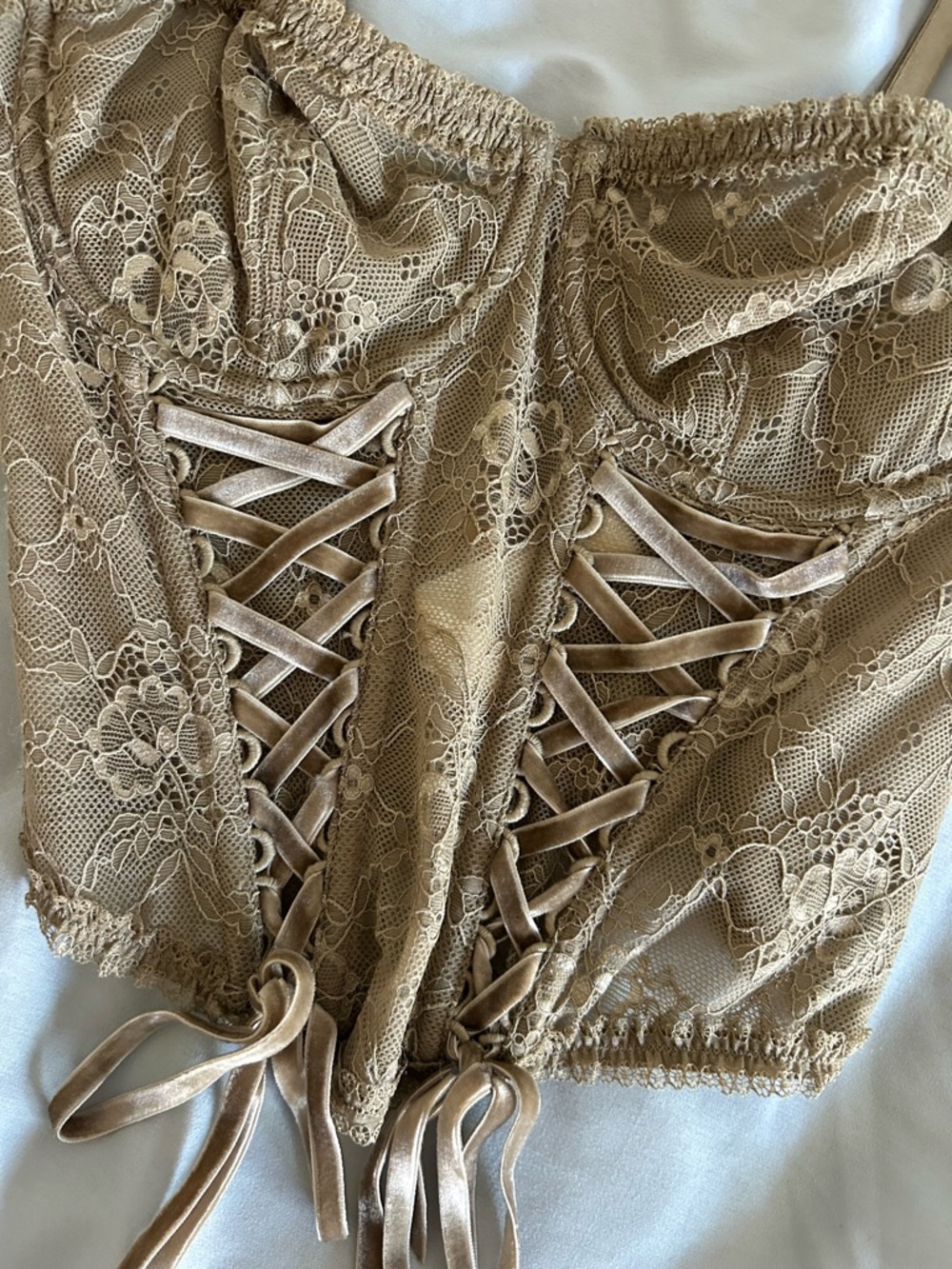 UO Lace-Up Taupe Lace Bustier Top - Picture 3 of 5